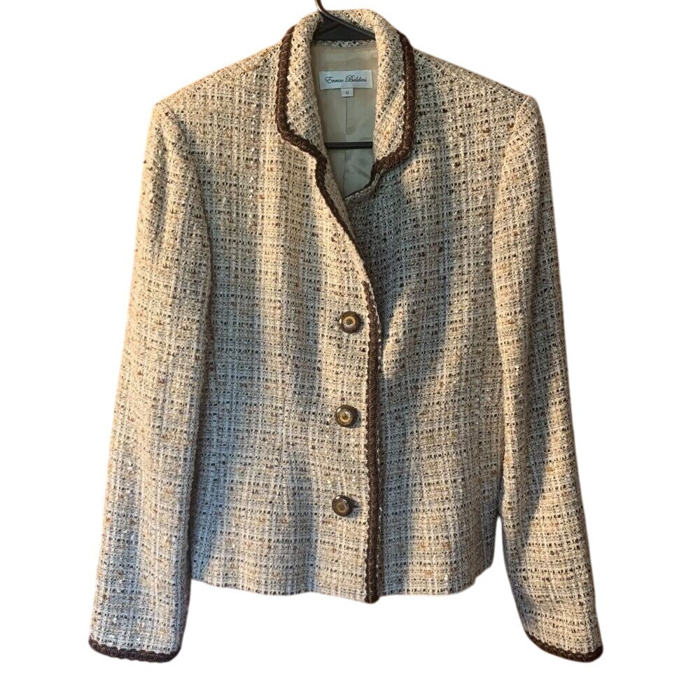 Enrico Baldini‎ Tweed Jacket Women Blazer Size 8 Neutral Textured Open Front